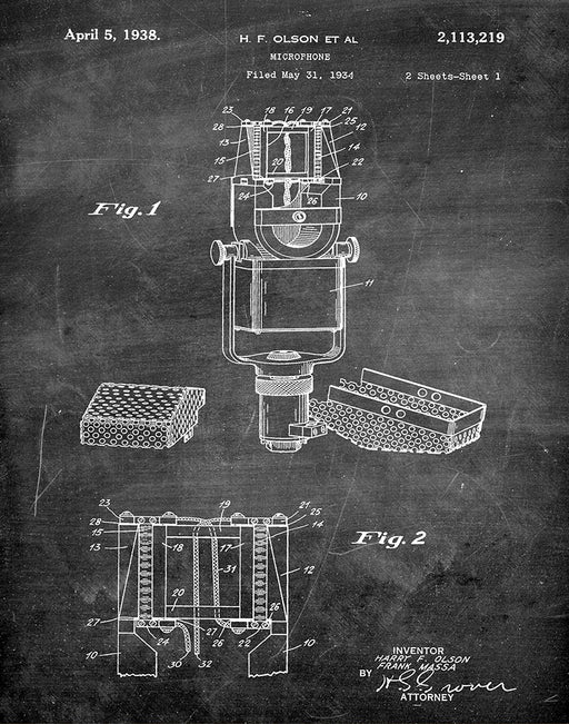 An image of a(n) Microphone 1938 - Patent Art Print - Chalkboard.