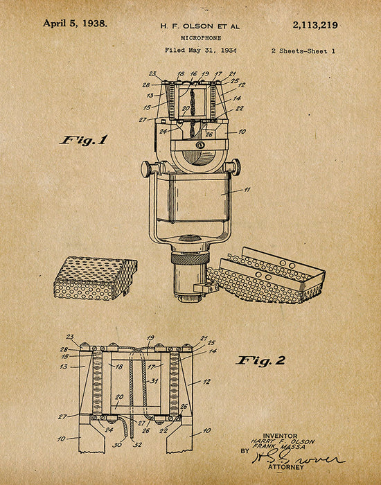 An image of a(n) Microphone 1938 - Patent Art Print - Parchment.