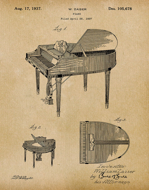An image of a(n) Piano 1937 - Patent Art Print - Parchment.