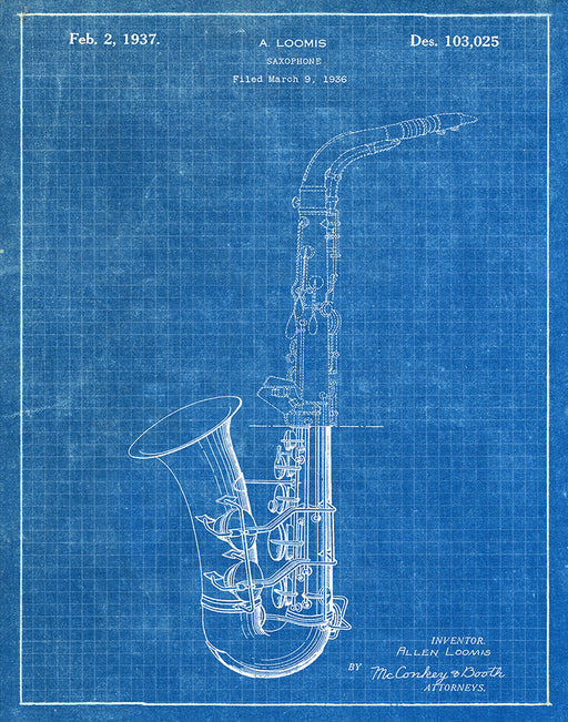 An image of a(n) Saxophone 1937 - Patent Art Print - Blueprint.
