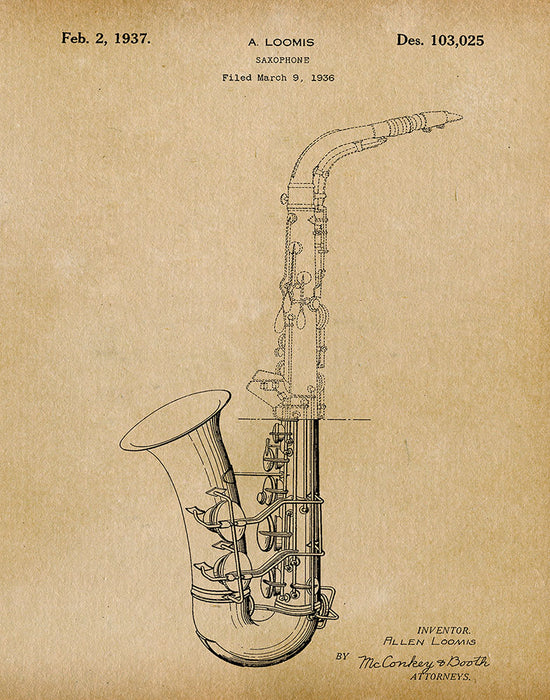 An image of a(n) Saxophone 1937 - Patent Art Print - Parchment.