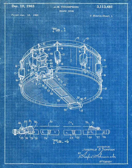 An image of a(n) Snare Drum 1963 - Patent Art Print - Blueprint.