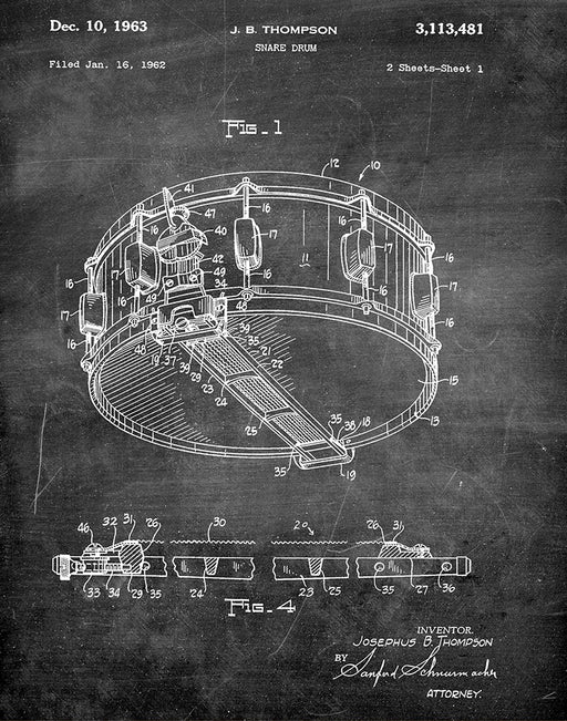 An image of a(n) Snare Drum 1963 - Patent Art Print - Chalkboard.