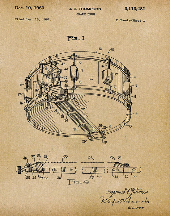 An image of a(n) Snare Drum 1963 - Patent Art Print - Parchment.