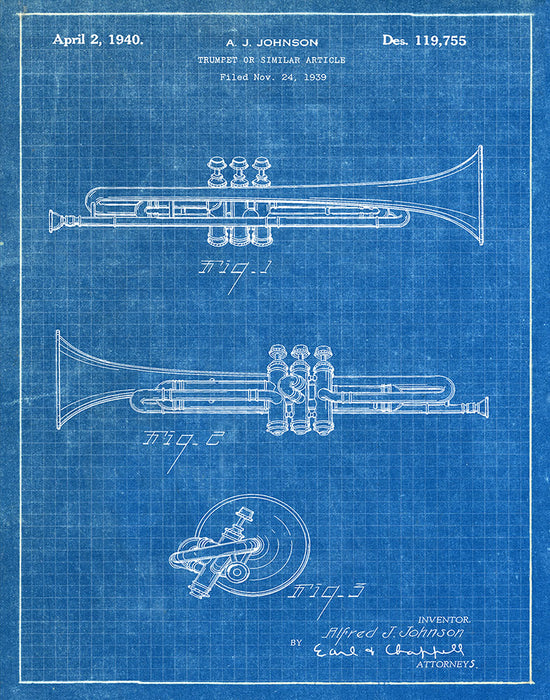 An image of a(n) Trumpet 1940 - Patent Art Print - Blueprint.
