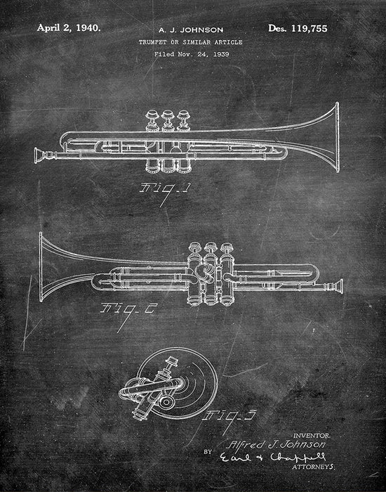 An image of a(n) Trumpet 1940 - Patent Art Print - Chalkboard.