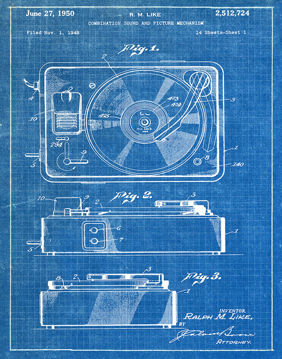 An image of a(n) Turntable 1950 - Patent Art Print - Blueprint.