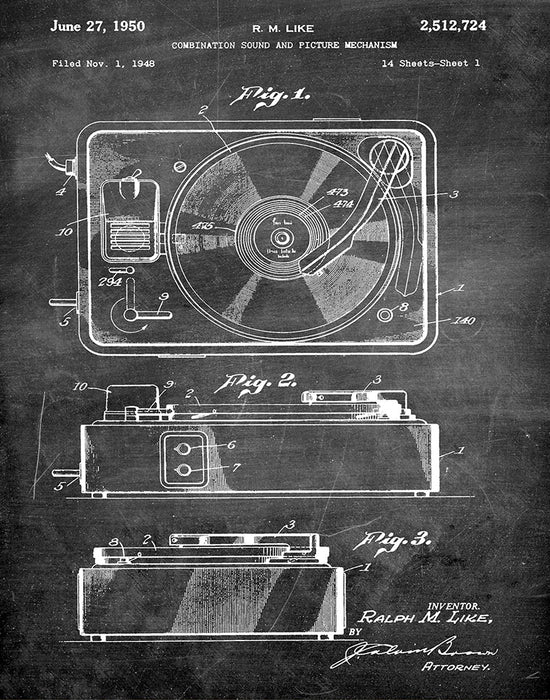 An image of a(n) Turntable 1950 - Patent Art Print - Chalkboard.