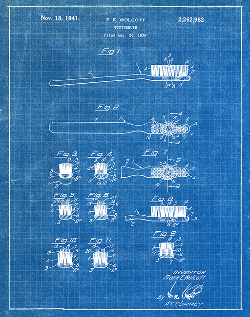 An image of a(n) Toothbrush 1941 - Patent Art Print - Blueprint.