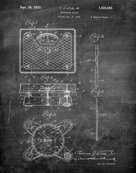 An image of a(n) Bathroom Scale 1933 - Patent Art Print - Chalkboard.
