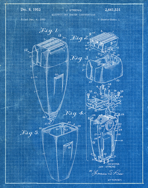 An image of a(n) Electric Shaver 1953 - Patent Art Print - Blueprint.