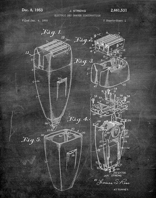 An image of a(n) Electric Shaver 1953 - Patent Art Print - Chalkboard.