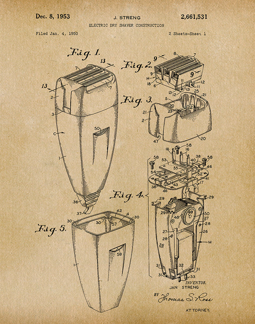 An image of a(n) Electric Shaver 1953 - Patent Art Print - Parchment.