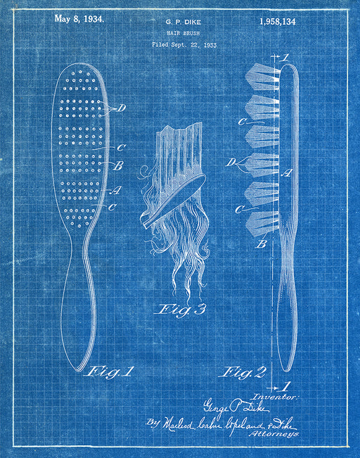 An image of a(n) Hair Brush 1934 - Patent Art Print - Blueprint.
