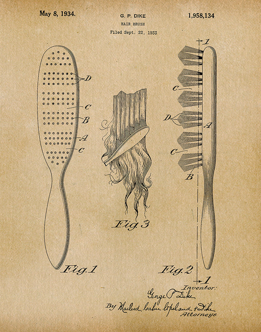 An image of a(n) Hair Brush 1934 - Patent Art Print - Parchment.