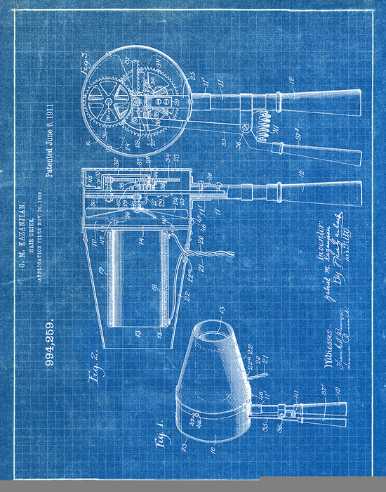 An image of a(n) Hair Drier 1911 - Patent Art Print - Blueprint.