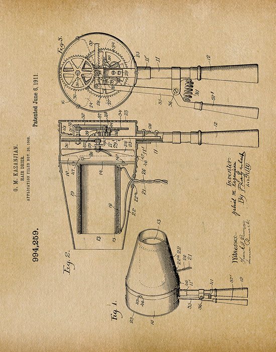 An image of a(n) Hair Drier 1911 - Patent Art Print - Parchment.