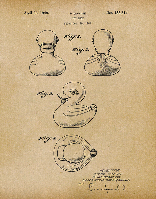 Rubber Ducky 1949 - Patent Art Print - Parchment — Fresh Prints of CT