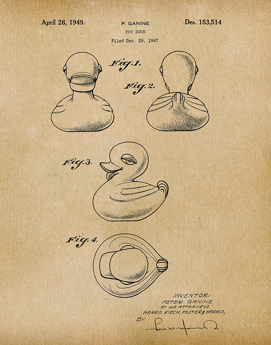An image of a(n) Rubber Ducky 1949 - Patent Art Print - Parchment.