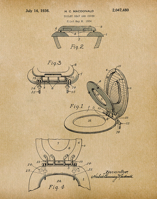 An image of a(n) Toilet Seat 1936 - Patent Art Print - Parchment.