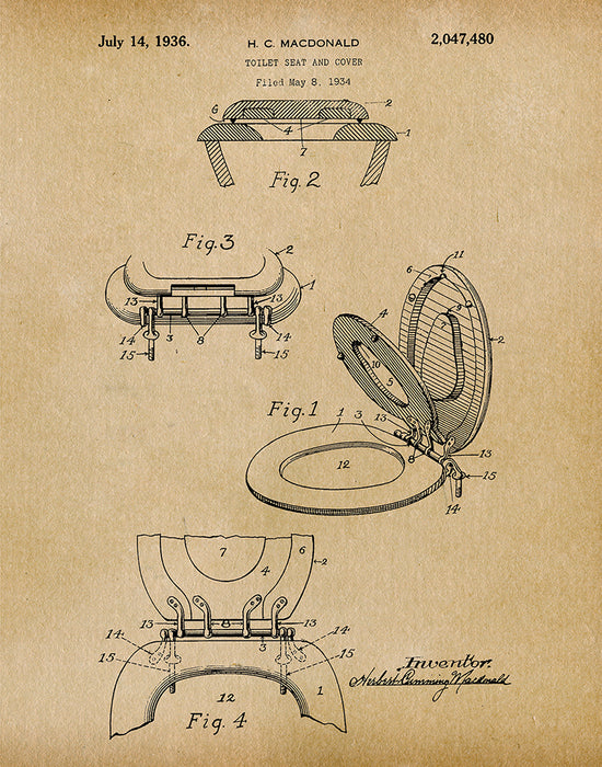 An image of a(n) Toilet Seat 1936 - Patent Art Print - Parchment.