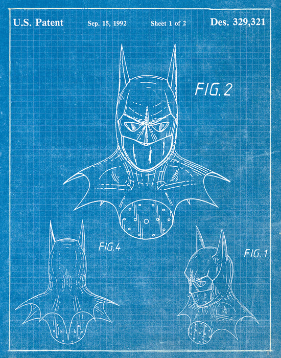 An image of a(n) Batman Mask 1992 - Patent Art Print - Blueprint.
