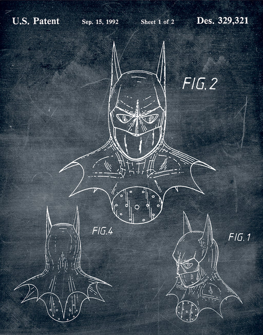 An image of a(n) Batman Mask 1992 - Patent Art Print - Chalkboard.