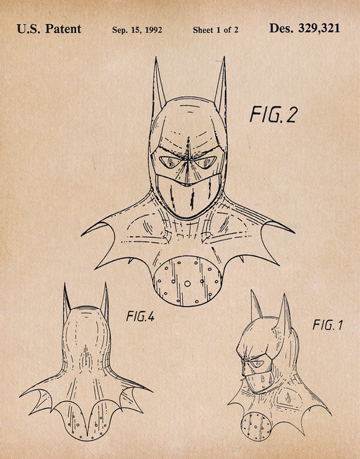 An image of a(n) Batman Mask 1992 - Patent Art Print - Parchment.