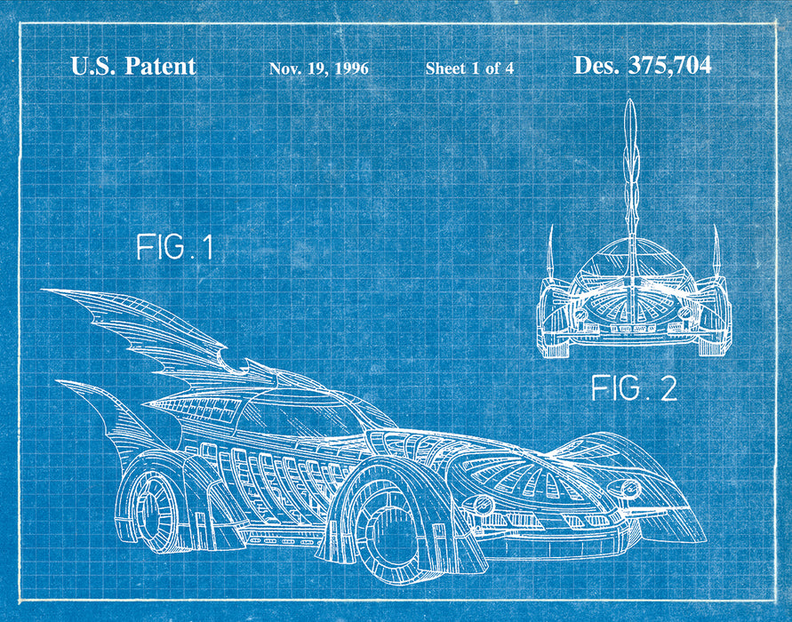 An image of a(n) Batmobile 1996 - Patent Art Print - Blueprint.