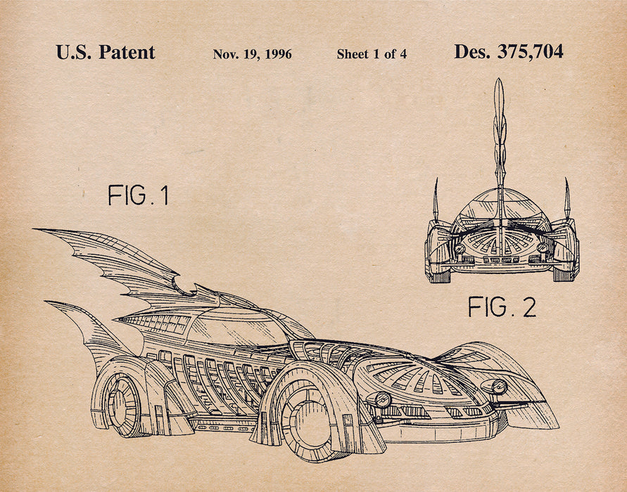 An image of a(n) Batmobile 1996 - Patent Art Print - Parchment.