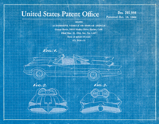 An image of a(n) Batmobile 1966 - Patent Art Print - Blueprint.
