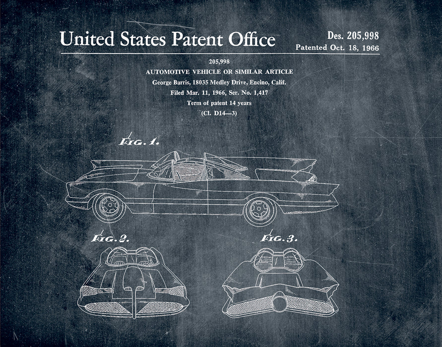 An image of a(n) Batmobile 1966 - Patent Art Print - Chalkboard.