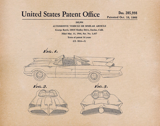 An image of a(n) Batmobile 1966 - Patent Art Print - Parchment.