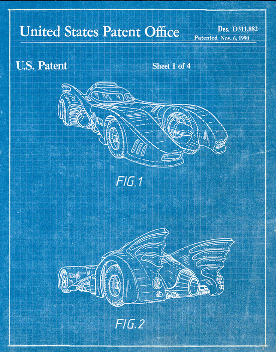 An image of a(n) Batmobile 1990 - Patent Art Print - Blueprint.