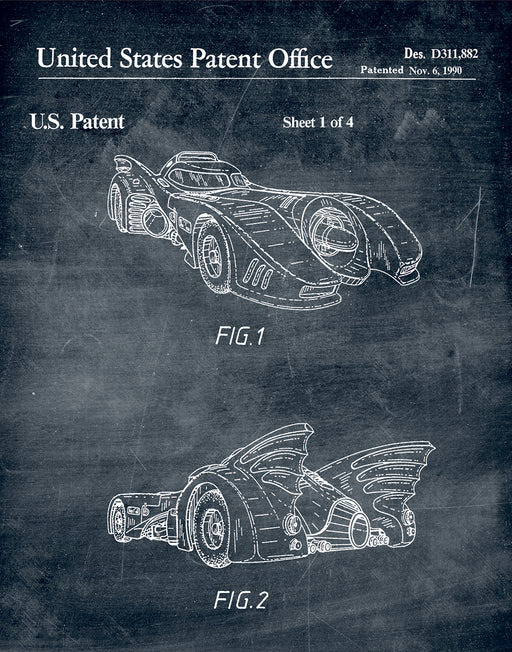 An image of a(n) Batmobile 1990 - Patent Art Print - Chalkboard.