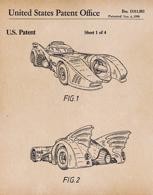 An image of a(n) Batmobile 1990 - Patent Art Print - Parchment.