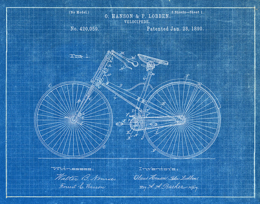 An image of a(n) Velocipede Bicycle 1890 - Patent Art Print - Blueprint.