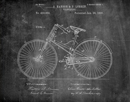 An image of a(n) Velocipede Bicycle 1890 - Patent Art Print - Chalkboard.
