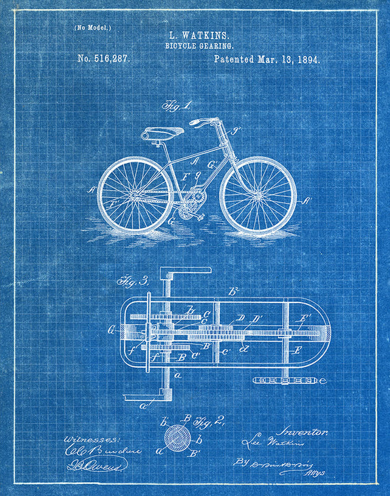 An image of a(n) Bicycle Gearing 1894 - Patent Art Print - Blueprint.