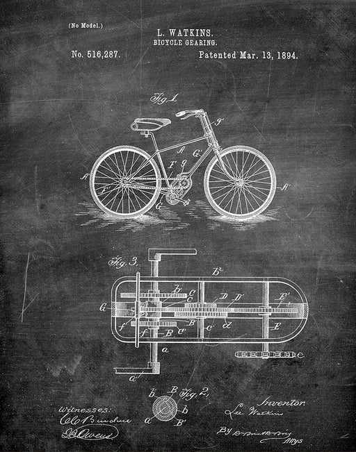 An image of a(n) Bicycle Gearing 1894 - Patent Art Print - Chalkboard.