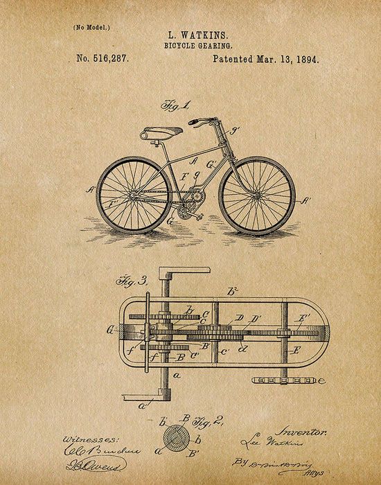 An image of a(n) Bicycle Gearing 1894 - Patent Art Print - Parchment.