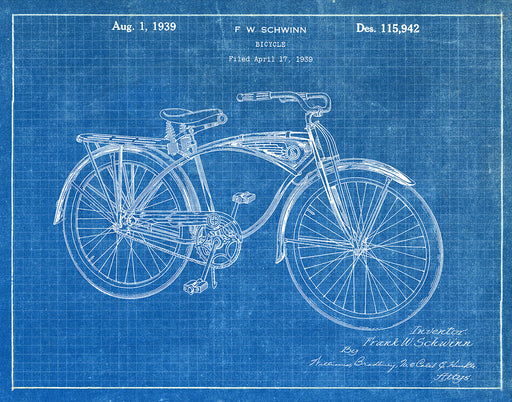 An image of a(n) Schwinn Bicycle 1939 - Patent Art Print - Blueprint.
