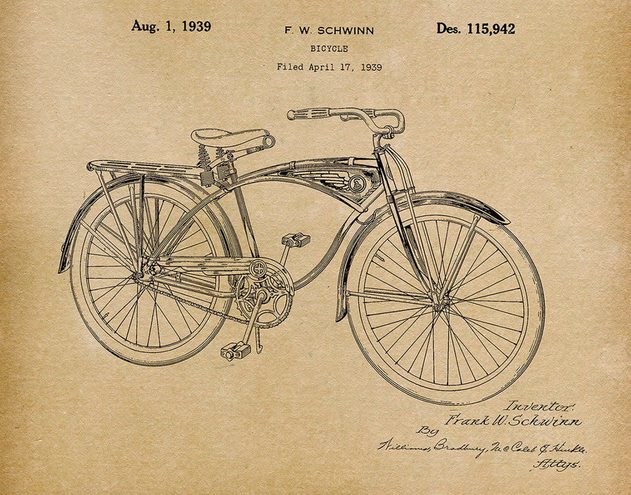 An image of a(n) Schwinn Bicycle 1939 - Patent Art Print - Parchment.