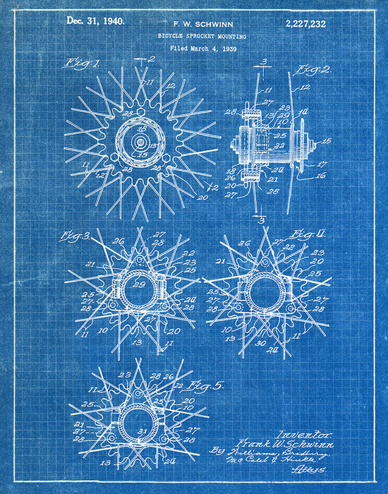 An image of a(n) Schwinn Bicycle Sprocket 1939 - Patent Art Print - Blueprint.