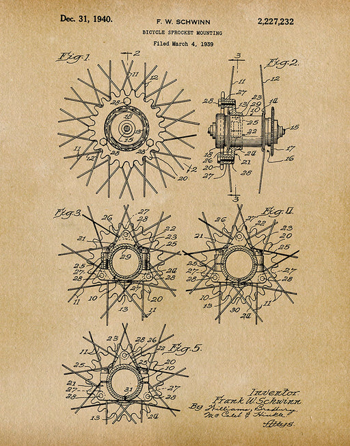 An image of a(n) Schwinn Bicycle Sprocket 1939 - Patent Art Print - Parchment.