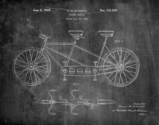 An image of a(n) Schwinn Tandem Bicycle 1944 - Patent Art Print - Chalkboard.