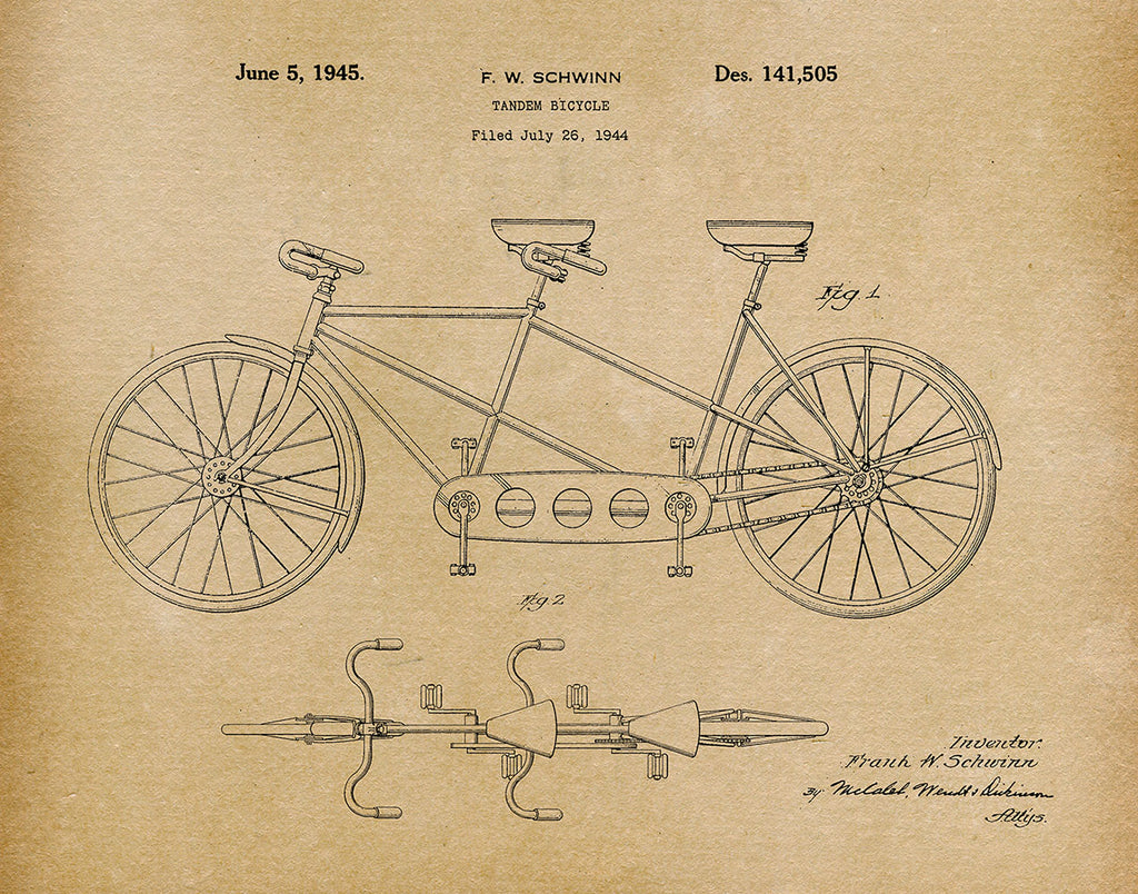 1945 schwinn bicycle Schwinn Tandem Bicycle 1944 - Patent Art Print