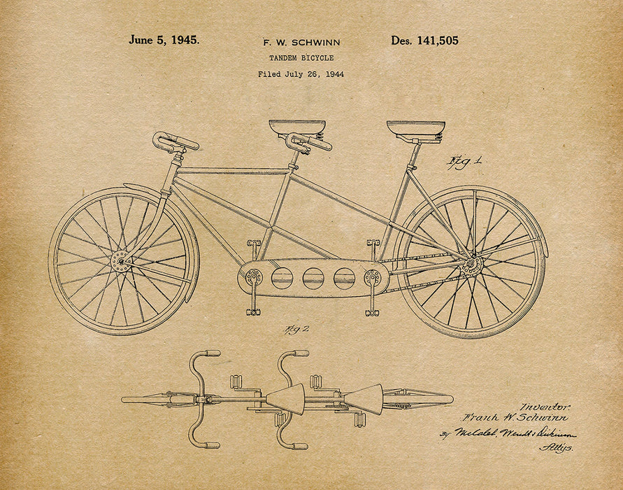 tandem schwinn bicycle Schwinn Tandem Bicycle 1944 - Patent Art Print
