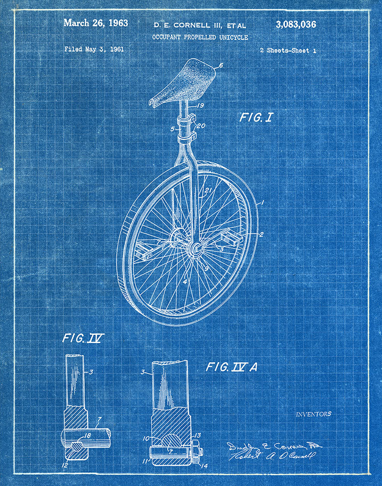 Unicycle 1963 - Patent Art Print - Blueprint — Fresh Prints of CT