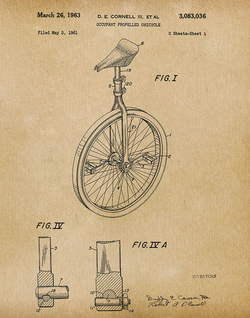 An image of a(n) Unicycle 1963 - Patent Art Print - Parchment.